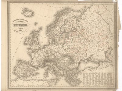 Weiland, K. F. OROGRAPHISCH-HYDROGRAPHISCHE KARTE von EUROPA. Scale 1:8,700,000. Weimar: im Verlage des Geographischen Instituts, 1833. Author of manuscript edits P. J. Šafařík [early 1840s].
