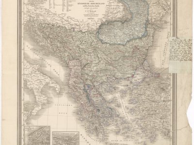 Weiland, K. F. a H. Kiepert. Das OSMANISCHE EUROPA oder die EUROPAEISCHE TÜRKEY. Scale 1:3,000,000. Weimar: Geographisches Institut, 1847. Author of manuscript edits P. J. Šafařík [between 1848 and 1849]. 