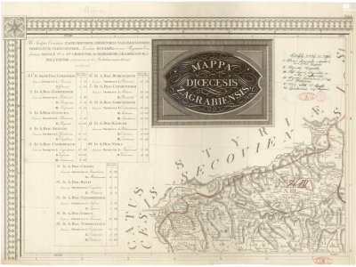 Széman, J.  MAPPA DIŒCESIS ZAGRABIENSIS. Scale 1:150,000. [Pesth]: [Maksimilijan Vrhovac], 1822. Author of manuscript edits P. J. Šafařík. 