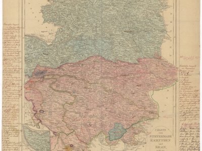 Walch, J. CHARTE von STEYERMARK KÆRNTHEN und KRAIN, nebst der GRAFSCHAFT GÖRZ. Scale  1:540,000.  Augsburg: Joh. Walch, 1820. Author of manuscript edits P. J. Šafařík. 