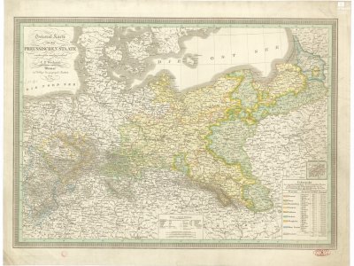 Weiland, K. F. General-Karte von dem PREUSSISCHEN STAATE. Scale 1:1,850,000. Weimar: im Verlage des geograph. Instituts, 1844. Hand colored by P. J. Šafařík.