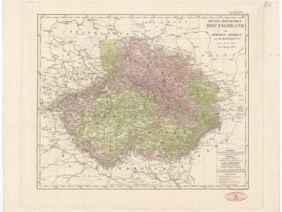 Stieler, A. MITTEL-ÖSTLICHES DEUTSCHLAND oder BÖHMEN, MÄHREN und SCHLESIEN etc. Scale 1:1,880,000. Gotha: Justus Perthes, 1834. Hand colored by P. J. Šafařík.