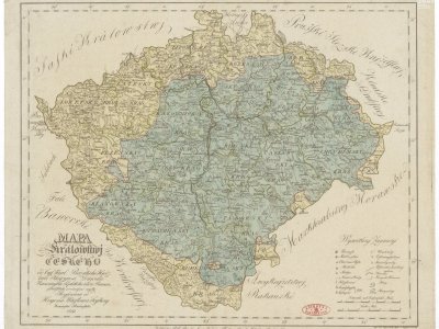 David, A. M. MAPA Králowstwj ČESKÉHO. Scale 1:740,000. Praha: nákladem p. p. Benesse Jana Nepom. Pfeifera, 1819. Hand colored by P. J. Šafařík. 