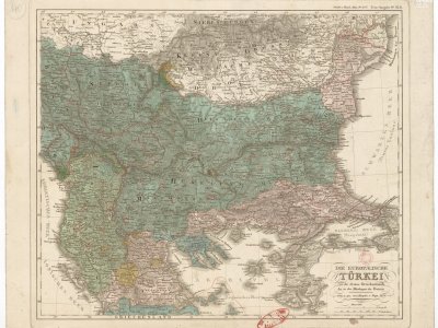Stieler, A. a F. v. Stülpnagel. DIE EUROPÆISCHE TÜRKEI von der Gränze Griechenlas bis zu den Mündungen der Donau. Scale 1:2,500,000. Gotha: Justus Perthes, 1834. Hand colored by P. J. Šafařík.