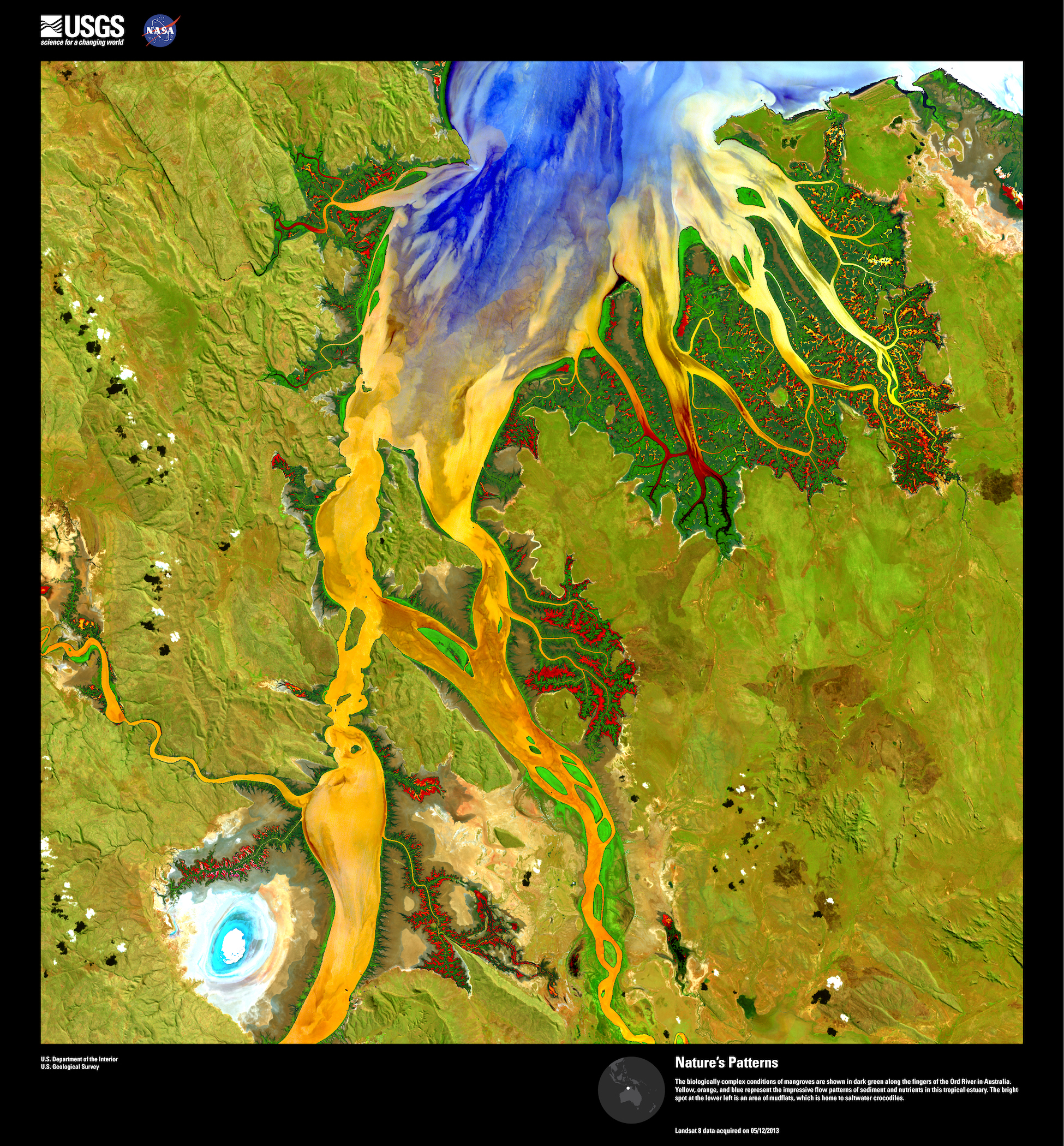Obrázek 12: Satelitní snímek Landsat 8 řeky Old River v Austrálii zobrazená v tzv. nepravých barvách
